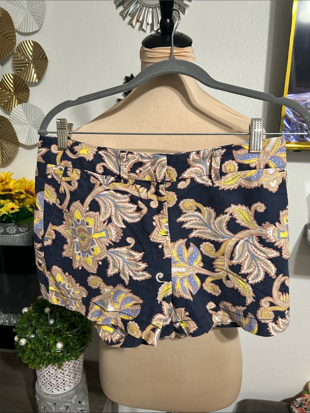 LOFT Navy Floral Paisley Shorts with Yellow & Pink Accents